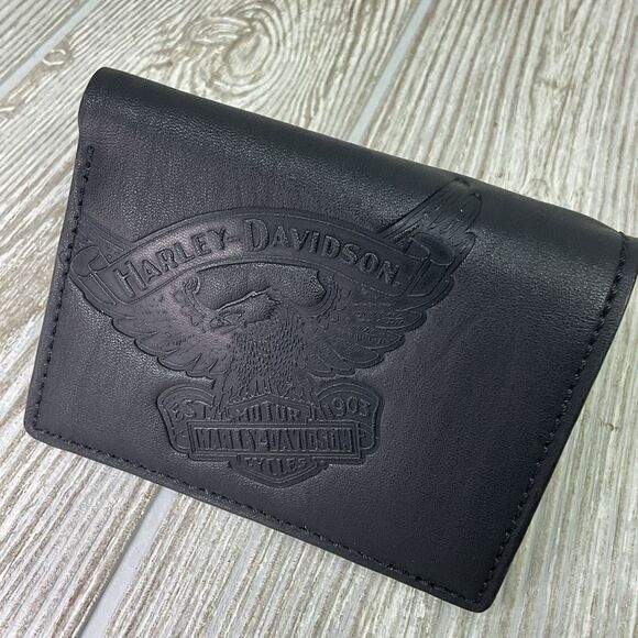 Harley Davidson Black Leather TriFold Wallet Eagle Emblem Genuine Cowhide Leathe - Picture 1 of 8